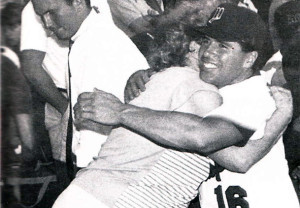 All-Star Game hero and Mass Envelope Manager Jim Mello receives a congratulatory hug from his mother following his explosive game-winning home run in the last of the eight at Fenway Park.
