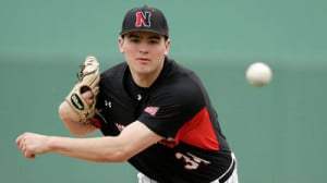 Northeastern University pitcher James Mulry pitches in the third inning striking out Boston Red Sox designated hitter David Ortiz at JetBlue Park during Red Sox Spring Training on Thursday, February 27, 2014.